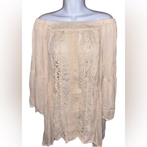 POL Crocheted Embroidery Tunic Top Women’s Oversized Med Peasant Boho Lagenlook
